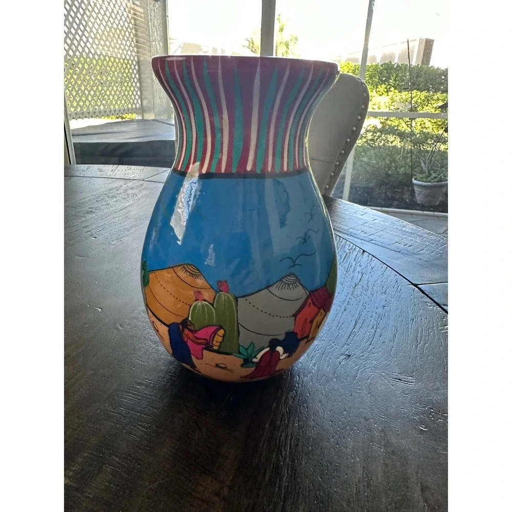 Hand Painted Mexican‎ Pottery Pitcher Folk Art Village Scene signed VGUC